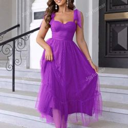 Midi Dress Bow Knot Strap Smocked Ruffle Tulle Flowy Beach Sundress