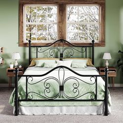 Queen Size Bed Frame with Headboard,Metal Bed Frame with Butterfly Pattern Design Headboard & Footboard,No Box Spring Needed,Easy Assembly,Black