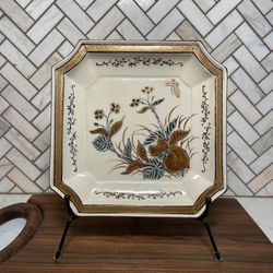 Vintage Japan Square Crackle Ceramic Trinket Dish Cream Gold Brown 8"