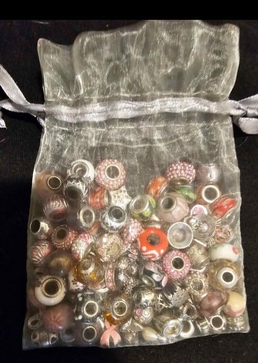 Lot of Charm Beads Pandora & Others Some 925 Silver, Glass, Crystal, & Rhinestones