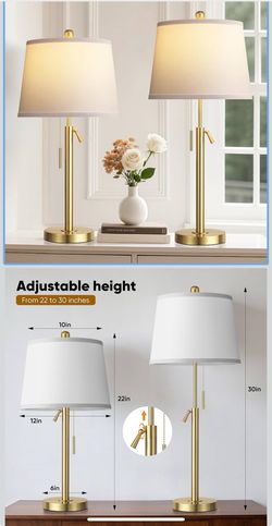 Tall Table Lamps Set of 2, Modern Gold Table Lamps with White Shade for Living Room, Height Adjustable Nightstand Lamps for Bedroom, 3 Color Temperatu