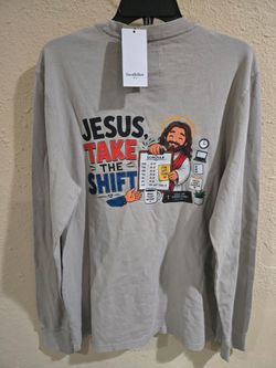 Jesus Take The Shift, Praying Give Me A Minute,  Long Sleeve Shirt, Beige, Large