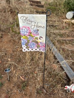 Bless this Home yard flag with black steel post