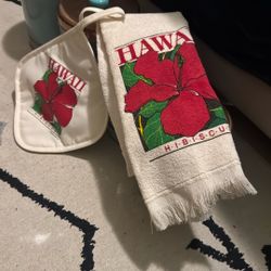 Hawaii Flower Pot Holder, and Towel Set 1986 Never Used