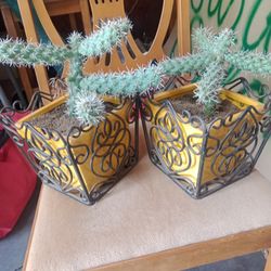 Ceramic And Wrought Iron Pots With Cactus