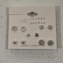 NEW LC Lauren Conrad 5 Pair Stud Earring Set Silver Color Hearts Flowers Etc