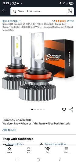 SEALIGHT Scoparc S1 H11/H8/H9 LED Headlight Bulbs, Low Beam/Fog Light