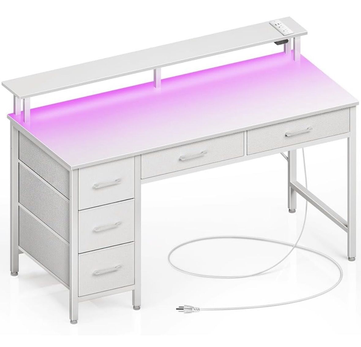 N93-Computer Desk with Power Outlets & LED Light, 47 inch Home Office Desk with 5 Drawers, Writing Desk with Monitor Stand, Work Desk for Home Office,