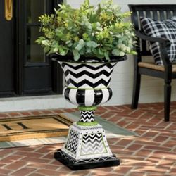 Brand New, Pair of Zoey Painted Pedestal Planters Whimsical Urn Planters Flower Pots Grandin Road