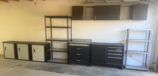 Craftsman black & decker garage shop cabinet stool storage set up work bench shelving ALL