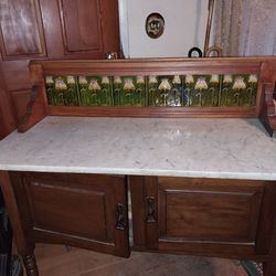 Antique Art Nouveau Marble Tile Washstand Cabinet
