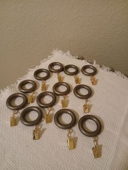 12 CURTAIN RINGS,  GRAY WITH GOLD METAL CLIPS