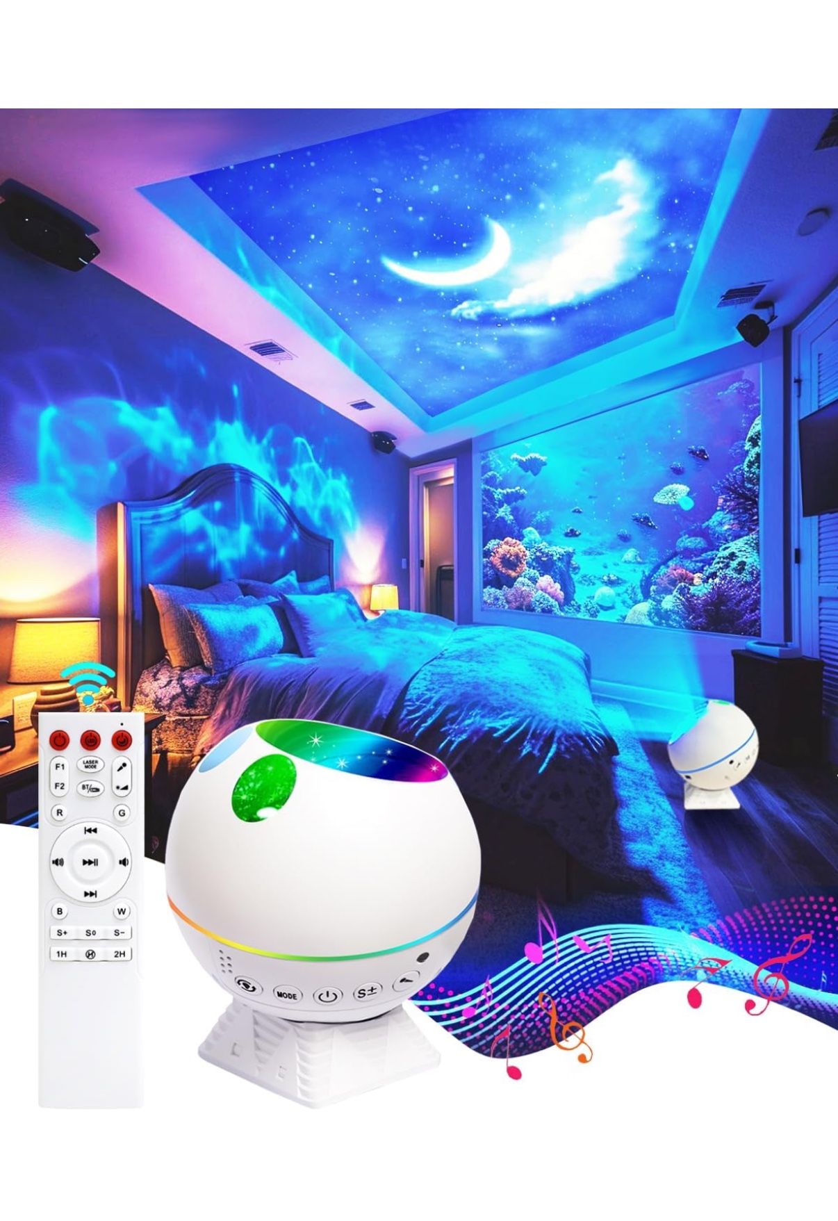 Galaxy projector,Built-in Bluetooth speaker bedroom Aurora moon projector, with Remote Control and Timer Ceiling Star Projector,for Game Room/Home The