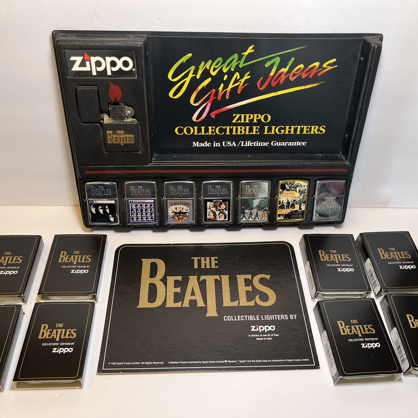 Vtg 1996 8 Pc Lot Zippo BEATLES Cigarette Lighter Collection w/Store Display NOS