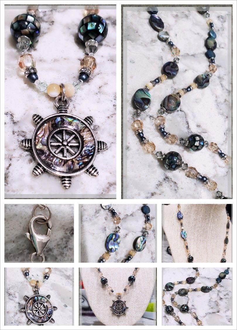 Albalone & Swarovski Crystal Ocean Necklace Handmade Original Design EmsGems923 