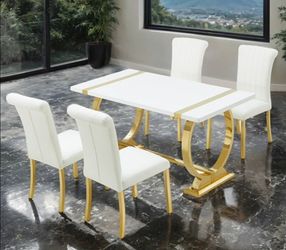 Brand New White & Gold 5pc Formal Dining Table Set
