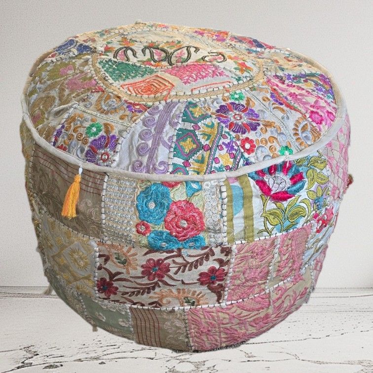 Handmade Indian Patchwork Pouf Ottoman – Pink Multicolor Embroidered Boho Floor Cushion