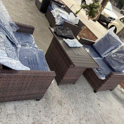 3 Piece Outdoor  Patio Furniture with 2 Patio Loveseat and 44.5 Inch Propane Fire Pit Table   ,Blue