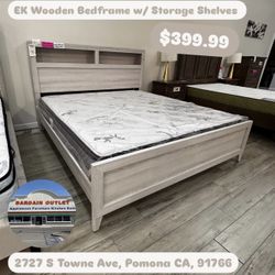 EK Wooden Bed Frame w/ LED & Shelves