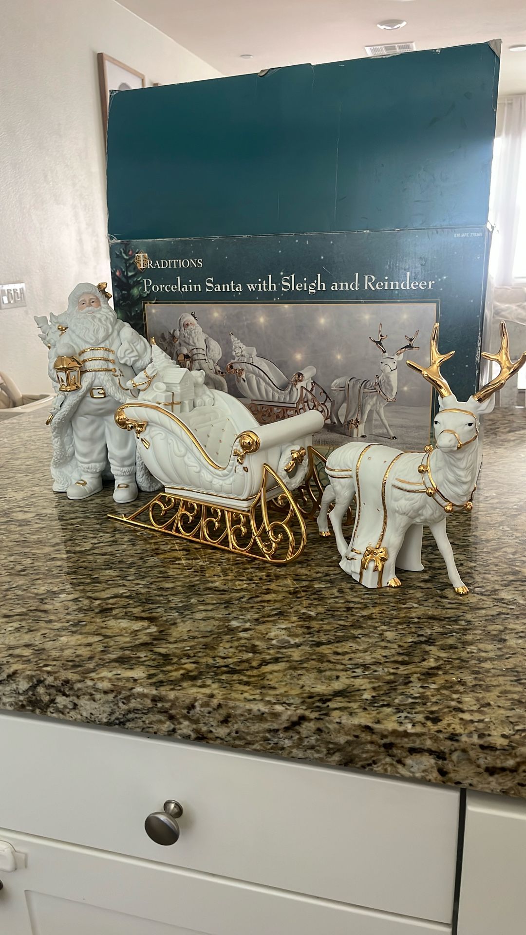 Traditions vintage White Porcelain Santa w/Sleigh & Reindeer Gold Trim