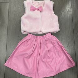 Girls 3pcs Set Fitted High-Quality Fluffy Vest, Ribbed Long Sleeve Top & Skirt