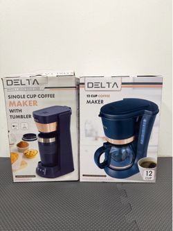 NEW Delta Sapphire Blue & Rose Gold Coffee Maker Set (12-Cup & Single Cup)