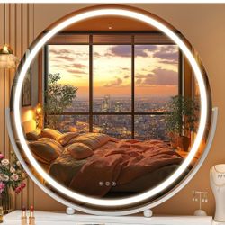 Hasipu Vanity Mirror with Lights, 27.6" LED Makeup Mirror, Lighted Makeup Mirror with Lights, Smart Touch Control 3 Colors Dimmable Round Mirror 360°R
