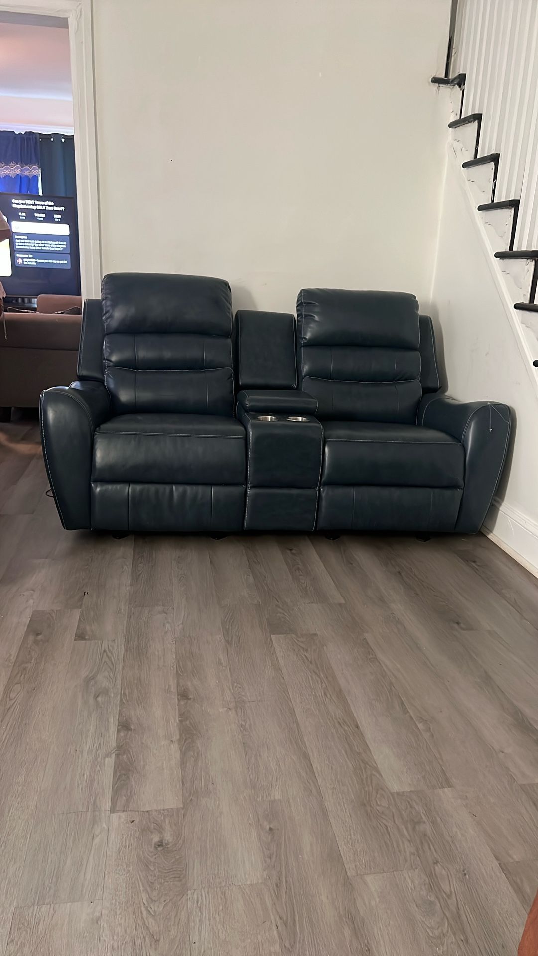 faux Leather Blue Couch, Love Seat And Recliner