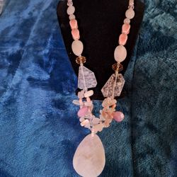 Rose Quartz, Indian Garnet, Hematite, Austrian Crystal  Necklace 