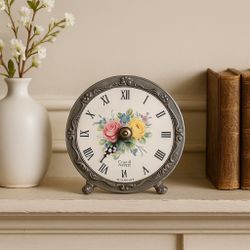 Chanill Pewter Limoges Porcelain Hechinger Quartz Boudoir Mantel Clock, 4”