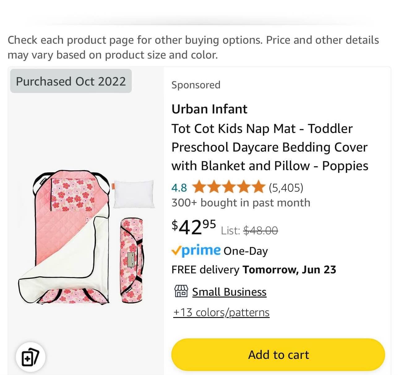 Urban Infant Tot Cot Kids Nap Mat - Toddler Preschool Daycare Bedding Cover with Blanket and Pillow - Poppies