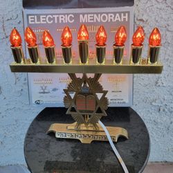 Vintage Solid Brass Electric Jerusalem Menorah Hanukkah Chanukah Judaica Israel with box