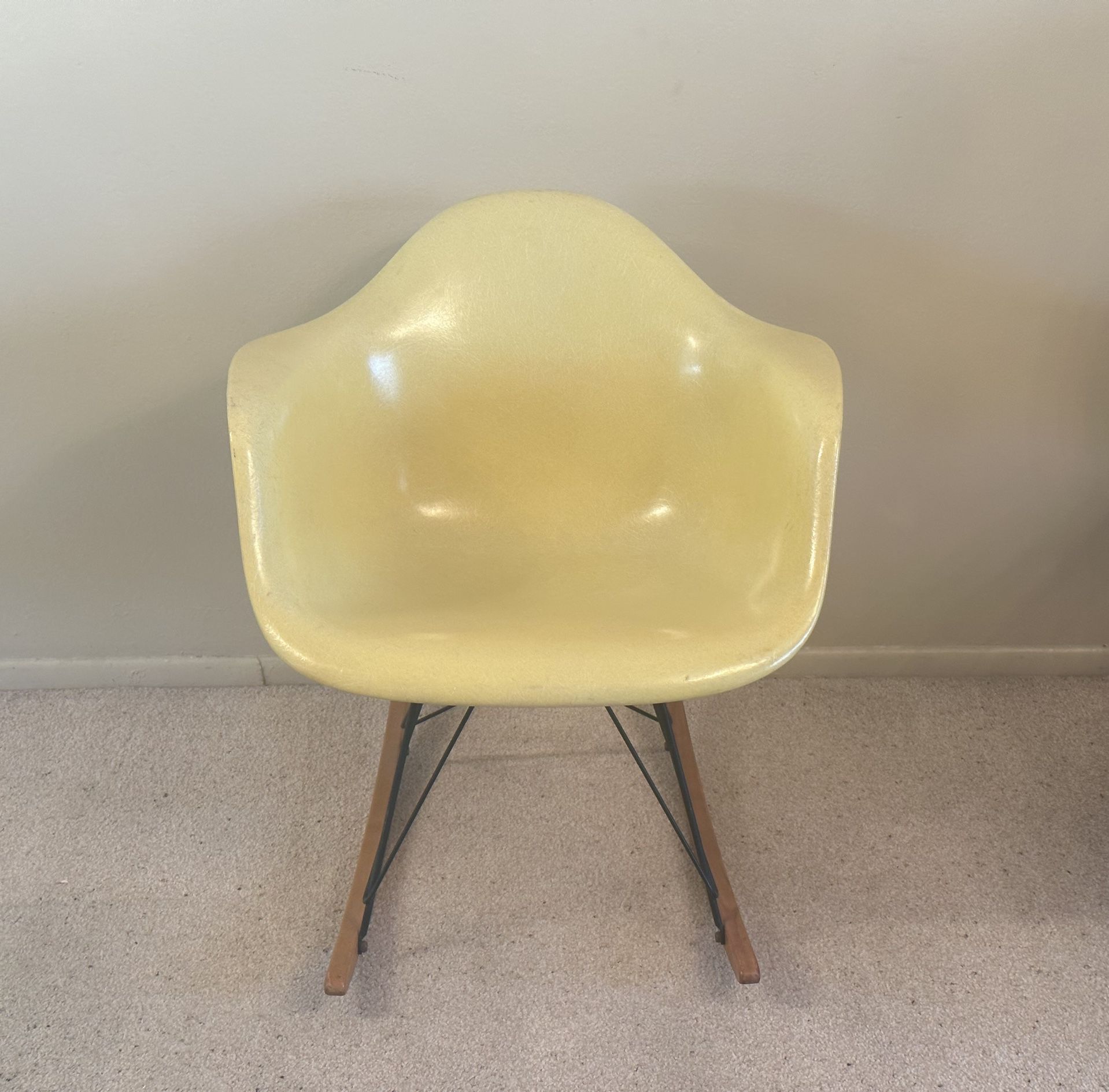 Very Rare Vintage 1955 3M Eames Fiberglass Molded RAR Rocking Armchair Rod Lemon Yellow Arm Chair MCM Mid Century Modern