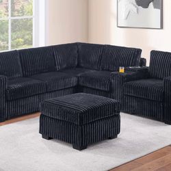 Brand New Plush Corduroy Sectional W/ Cupholders And Charging 