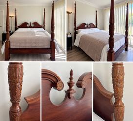 Ornate Carved Wood Queen Four-Poster Bed Frame – $750 OBO