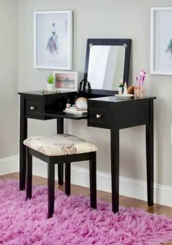 Linon solid wood vanity desk with bench and flip top mirror