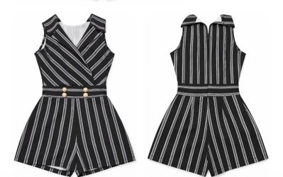 Black & White Striped Romper with Pearl Buttons
