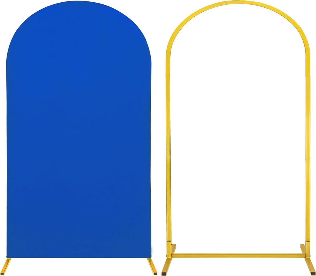 Metal Arch Stand and Cover Set,1 Royal Blue Spandex Fitted Backdrop with 1 Gold Wedding Arched Stand Frame for Parties Birthday Baby Shower Bridal Ban