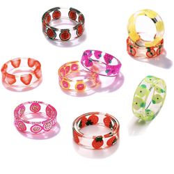 9PCS Resin Fruit Rings for Women Colorful Acrylic Stackable Band Ring Set Cute Strawberry Apple Grapefruit Watermelon Summer Knuckle Rings Wedding Par