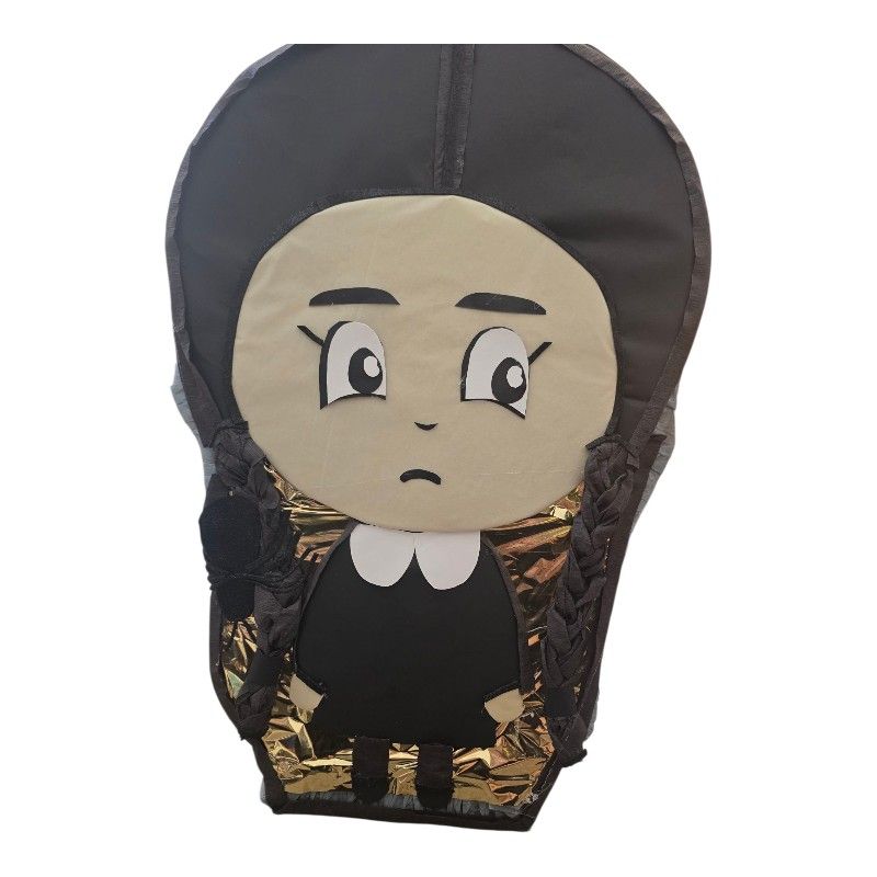 Handmade Gothic Darling Piñata - Black & Gold Party Decor"Wednesday-Style Spooky Girl Piñata - Black Dress & Pigtails