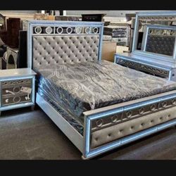 Bedroom Set Silver With LED Lights Bed Set NEW financing Available 