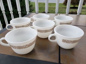 Vintage Corning Pyrex Woodland Brown Milk Glass Coffee Tea Cup Mug Set of 6