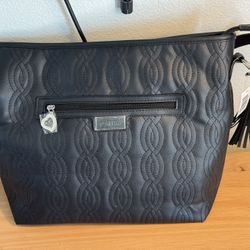 NEW. BELLA RUSSO: Black Quilted Purse Faux Leather Handbag  Bag Tote  11x15.