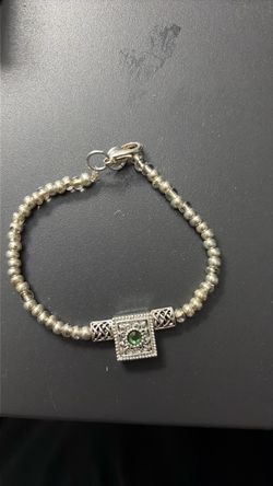 Silver Beaded Bracelet with Green Stone Centerpiece