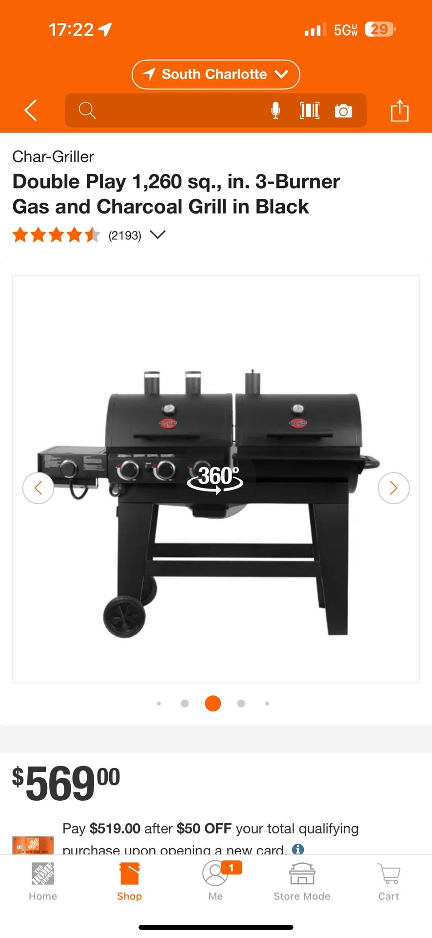 Double Play 1,260 sq., in. 3-Burner Gas and Charcoal Grill in Black