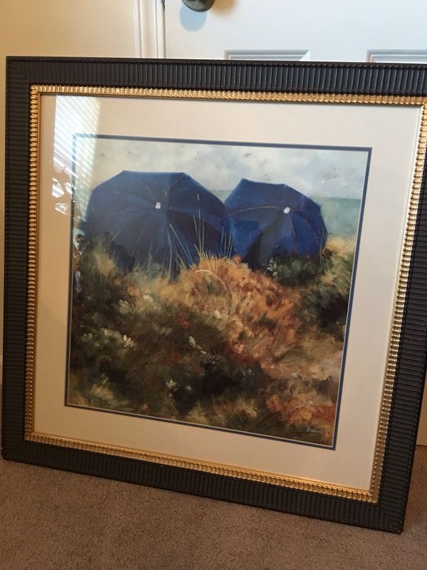 Two blue umbrellas painting artist Bebelle