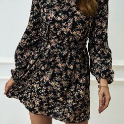 New! Floral Print Lantern Sleeve Belted Dress