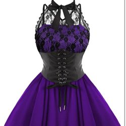 Sleeveless Gothic Dress with Corset Halter Lace Swing Cocktail Dress