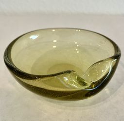 Vintage Mid-Century Modern Murano Olive W/gold Speckles Decorative Ashtray, 1970’s