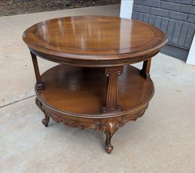 Vintage 1960s Round 2-Tier Solid Wood End Table